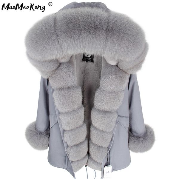 Maomaokong Winter Frauen Grau Natürliche Echt Fox Pelz Jacke Mit Kapuze Dicke Warme Mode Echt Pelzmantel Lange Parkas Schwarz Wasserdicht 201103