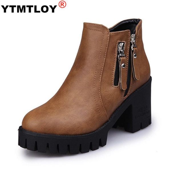 

winter new designer trendy ankle boots side double zip creepers women ankle booties plush warm chunky heels retro riding botines, Black