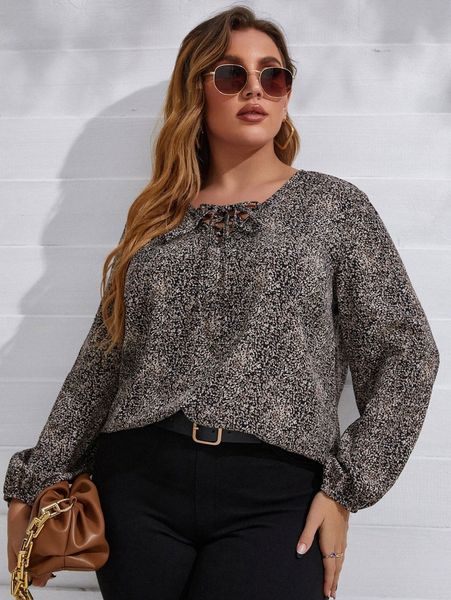 

plus allover print tie front blouse q3ig#, Black