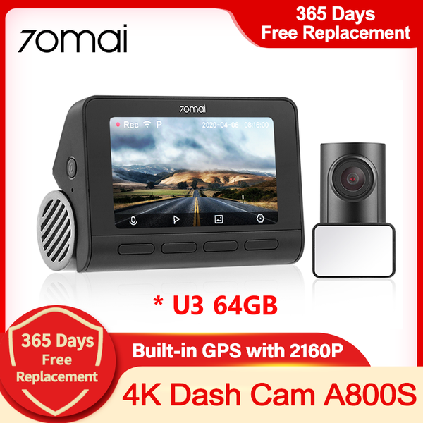 

car dvr dvrs 70mai 4k a800s dash cam real camera auto video recorder built-in gps adas front rear dual vision 24h park guard