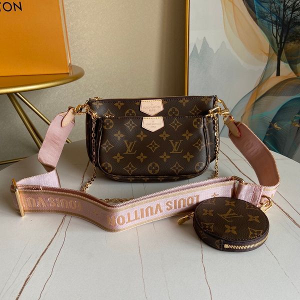 

2020 qualtiy three pieces multi pochette accessories wallets designer handbag genuine leather shoulder crossbody purses m44840, Golden;silver