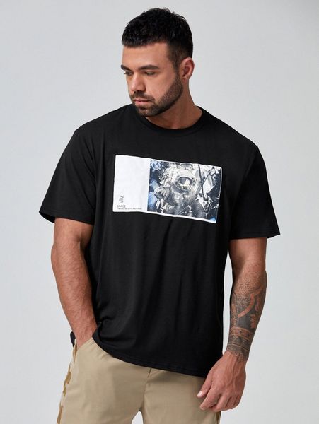 

extended sizes men astronaut & slogan graphic tee s3t8#, White;black