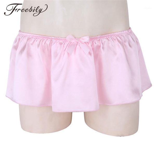 

mens lingerie soft shiny bowknot ruffled skirted panties sissy boxer shorts underwear men's low rise sissy skirted panties1, Black;white