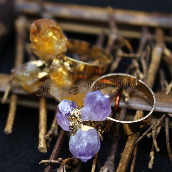 Cor dourada cor natural anel de pedra de pedra irregular quartzo amarelo roxo cristal anéis ajustáveis ​​para mulheres presente de noivado de casamento