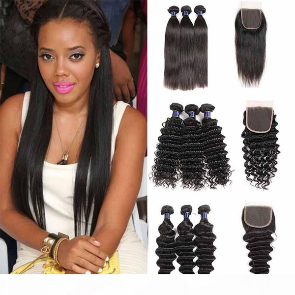 

brazilian straight loose wave virgin human hair weaves with lace closure body deep water wave hair extension 3 bundles with 4x4 lace closure, Black