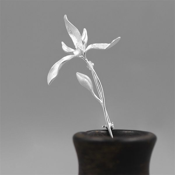 

inature elegant 925 sterling silver orchid flower brooch pin for women clothes jewelry accessories gift 201009, Gray