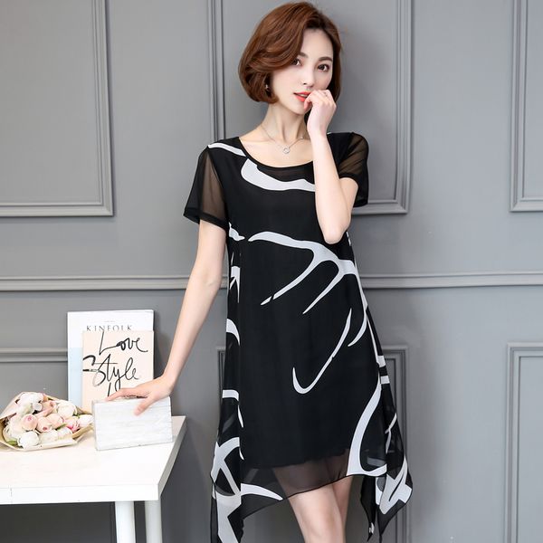 

womens large plus size summer dress 2021 blouses black white blouse chiffon short sleeve dresses loose ubx2, Black;gray