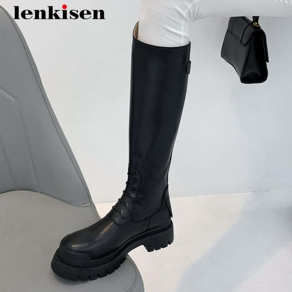 

boots lenkisen riding real leather platform fashion round toe thick high heel zipper young lady daily wear knee-high l6f1, Black