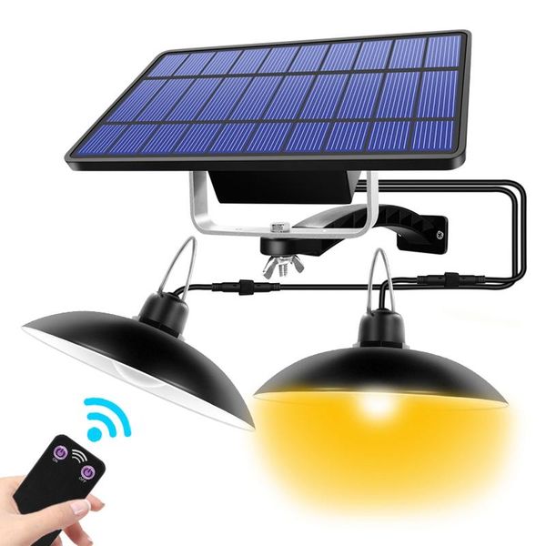 Dupla cabeça Solar Pendant Light Remote Control Outdoor Indoor Lamp Solar Com Warm Line branco / branco Iluminação Para Camping Jardim Quintal