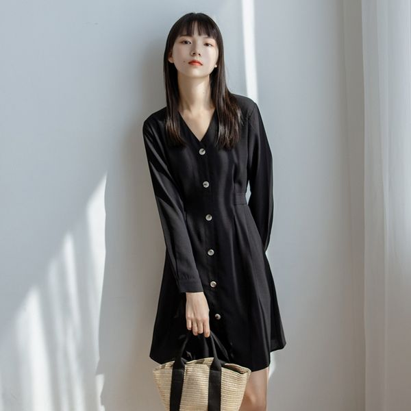 

осень 2020 корейский шик французский стиль номер stylesmall из droopingwaist closingmid длины v-образным вырезом, показывая тонкие длинные п, Black;gray