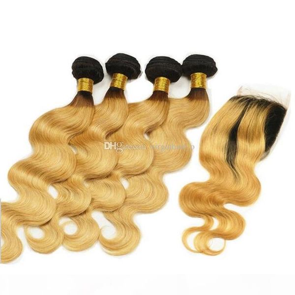 

#1b 27 honey blonde ombre brazilian hair 4 bundles with lace closure dark roots two tone body wave ombre hair weaves with closure, Black