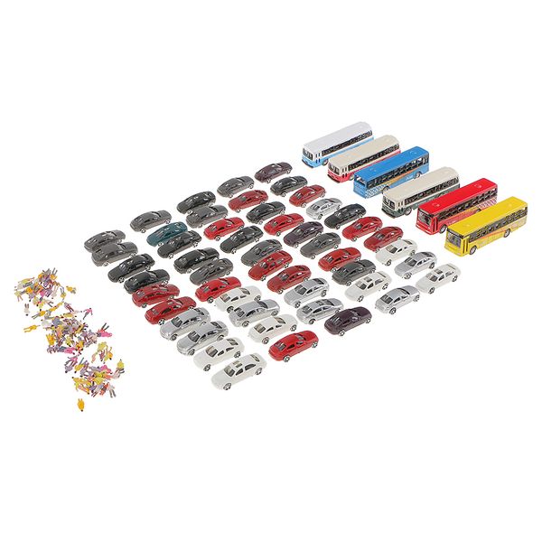 

50x painted cars 6 diecast bus + 100 people figures model scenery n scale