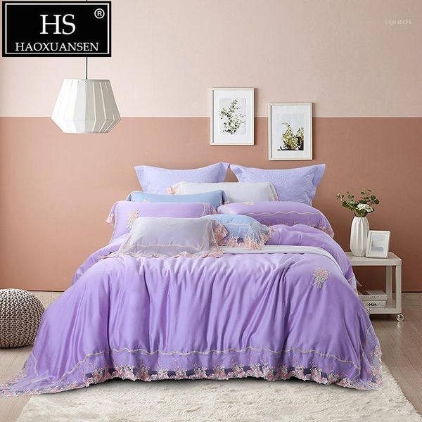 

super soft breathable purple 100% tencel lyocell bedding sets lace design  king size 4 piece girl princess duvet cover set1