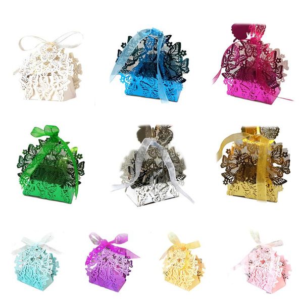 

new 50pcs/set butterfly laser cut hollow carriage favors box gift candy boxes with ribbon baby shower wedding event party