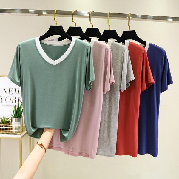

hit color cotton womens t-shirt v collar t shirts short sleeve clothes women slim under wear tshirt casual tees for female c1108, White