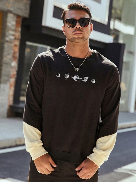 

extended sizes men letter & planet print colorblock sweatshirt 65b9#, Black