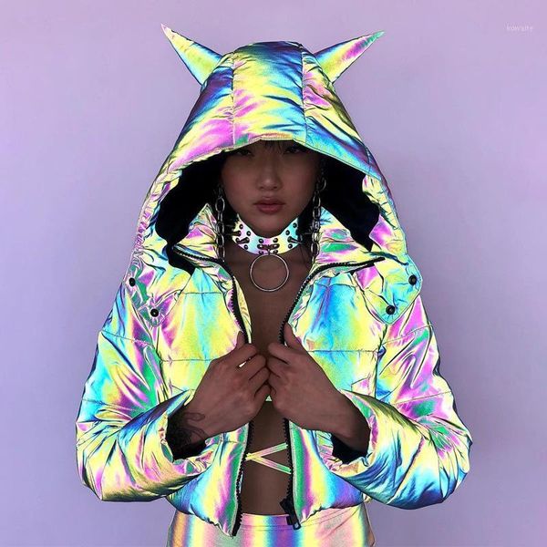 

women fashion reflective parka winter thicken shiny glitter bubble coat holographic puffer jacket street hooded coat with ears1, Black