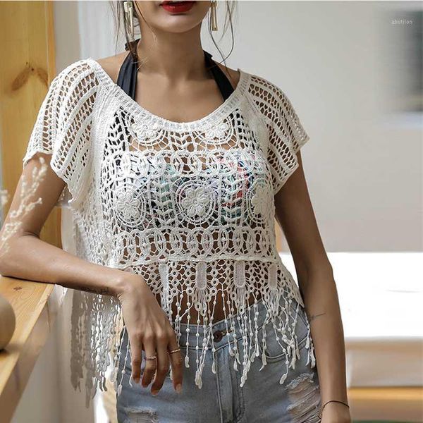 

women's blouses & shirts women summer tassel holloe out blouse shirt female lace crochet casual 2021 boho beach cover sj2185v1, White