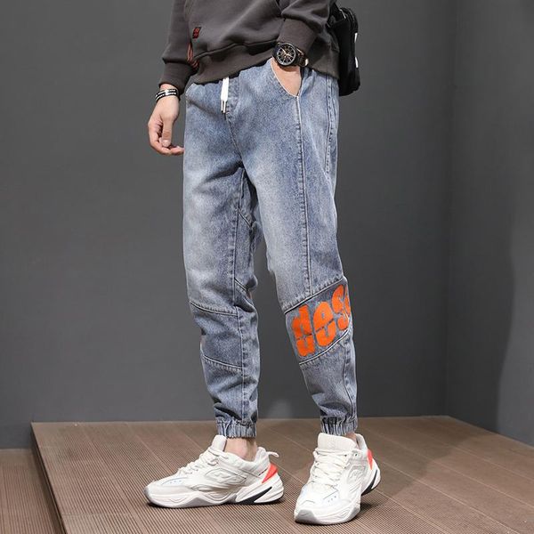 

fashion streetwear men jeans loose fit spliced denim cargo pants elastic printed designer wide leg trousers hip hop joggers male, Blue