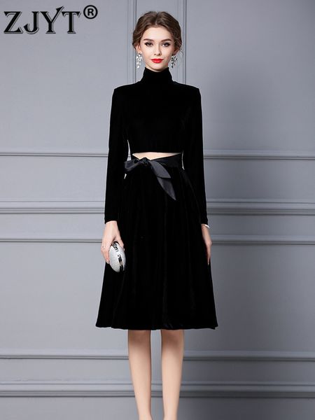 

runway designer stand collar midi ball gown velvet dress for women party celebrity vestidos autumn winter black prom celebrity evening robe, White;black