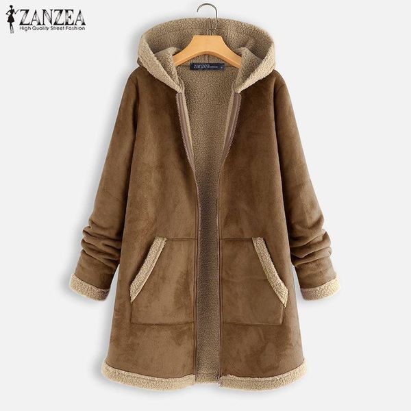 

zanzea women hoodies coats winter outwear vintage hooded fleece jackets solid long sleeve zipper loose overcoats femme warm coat1, Black;brown
