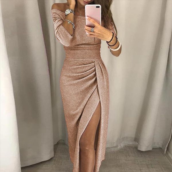 

ladies dress ladies casual temperament fashion strapless high slit tight dress long sleeve dress 38, Black;gray