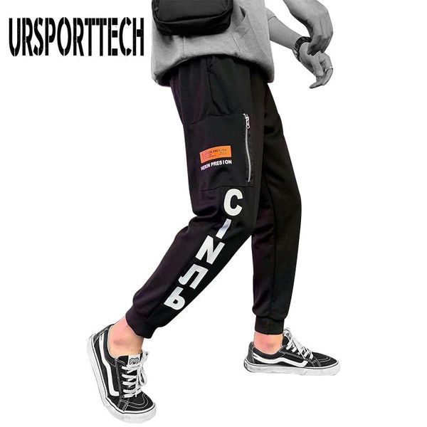 

new side print zipper pockets men's jogger trousers spring hip hop harem pants fashion ribbons male sweatpants streetwear pencil, Black