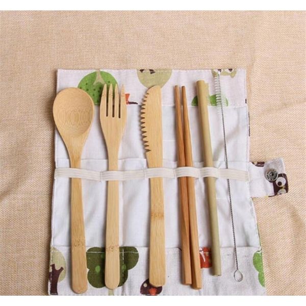 

7 pcs/set eco-friendly bamboo flatware cutlery set 20 style portable bamboo straw dinnerware set with cloth bag jlluaw ladyshome