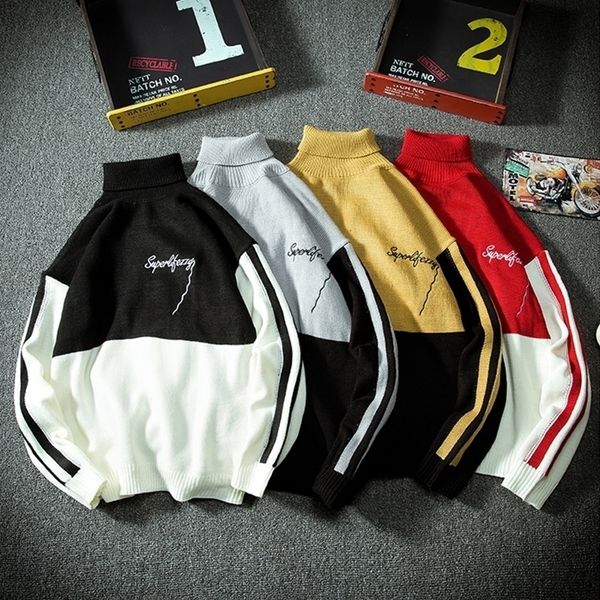 

men knitted pullover jumper sweaters fashion contrast color mens hip hop streetwear pullovers male knitwear sweater 201022, White;black