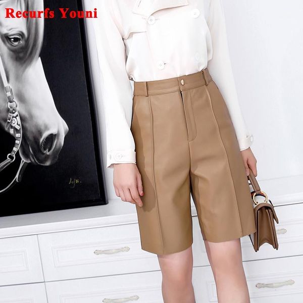 

european women's genuine leather short pants female simple handsome straight line suit trousers slim khaki midi shorts1, White;black