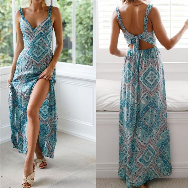 

женщины summer sexy tie-пояс открытой forked printed платье макси платье boho платье ф халат sukienki платье zomer 2020, Black;gray