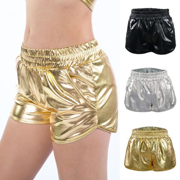 

pu leather short femme summer shorts elastic waist gold beach casual pu shorts silver bling shorts women, White;black