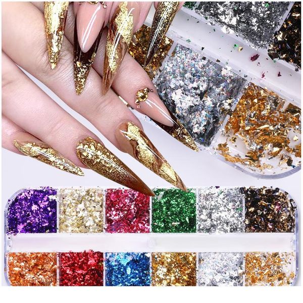 

12 grid nail sequins paillette aluminum irregular flakes gold silver pigment nail art decoration mirror glitter foi jllbba, Silver;gold