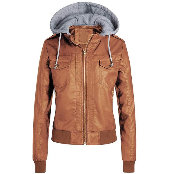 

2021 new women punk style leather jacket autumn winter hat detachable slim fit coats ladies plus size hooded outwear bjd0, Black