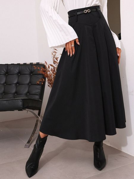 

high waist belted flare skirt 142o#, Black