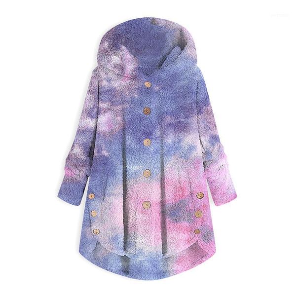 

2021 fashion coat women tie-dyed printing hooded large size long sleeve button sweater warm casual plush pocket sweaters1, White