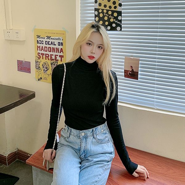 

eg1mz simiao 2020 воротника и зима и bottomt футболка тонкая корейская версия новой высокой осени универсальной верхней сплошного цвета нижн, White