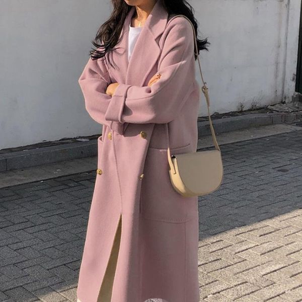 

2021 autumn winter korean mid-length woolen coat women loose solid color double breasted pink cashmere coat mujeres abrigos z561, Black