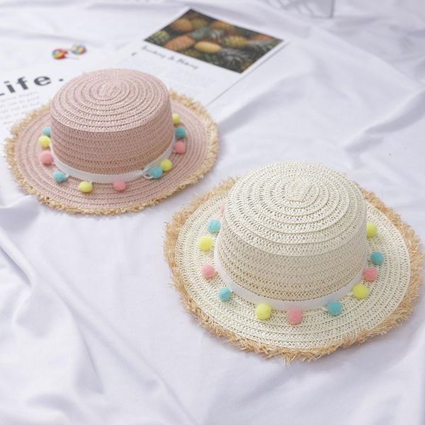 

girls summer straw hat wide brim tassel balls floppy panama cap for beach do2, Black;white