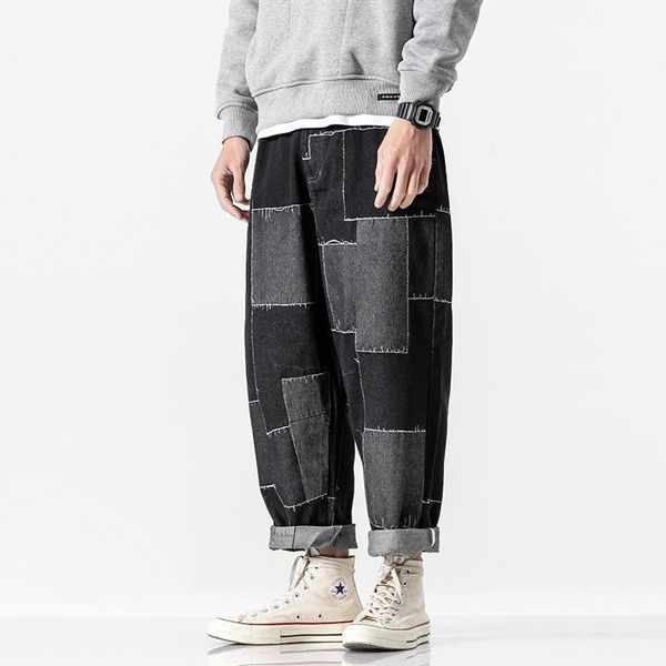 

men's jeans male japan streetwear hip hop trousers men patch design loose casual denim ankle length harem pant1, Blue