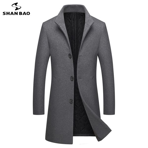 Shan Bao Brand Round Clothing Inverno de inverno casual Slim Long Coat de lã Stand-up colarinho de peito único Business Gentleman Coat M-4xl 201222