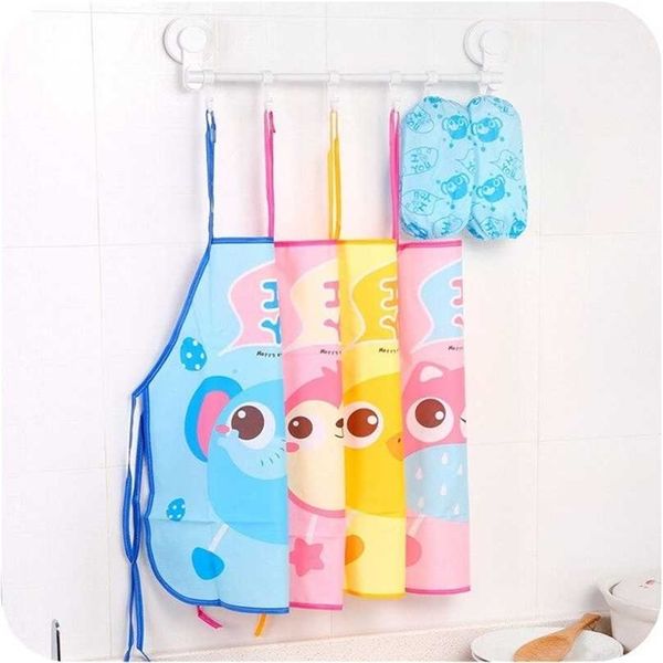 1 conjunto criança criança avental kit kit de cozinha arte cozimento pintura pinafore + braço luva pe pvc impermeável desenhos animados estilo animal bonito avental 211222