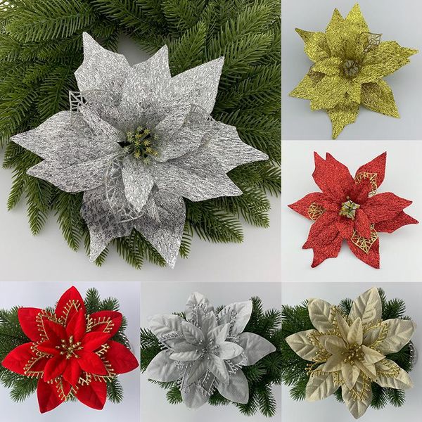 

20/22cm big flower head glitter artificial silk flower christmas tree ornament diy christmas decoration new year decor