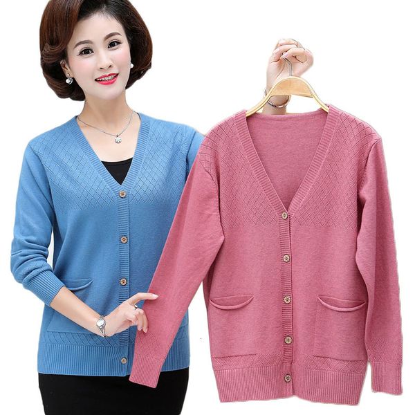 

2021 new middle-aged and elderly mother spring short knitted cardigan women v-neck long sleeve sweater coat fall thin female knitwear 462 1r, White;black
