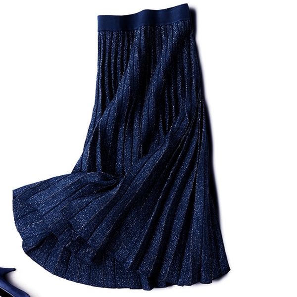 

2021 new sherhure high waist winter knitted long skirts pleated a-line jupe femme saia women brown skirt ylxd, Black