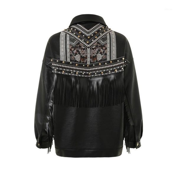 

spring women jacket chaqueta de cuero faux para mujer con flecos remache punk pu motocicleta abrigos bordados1, Black