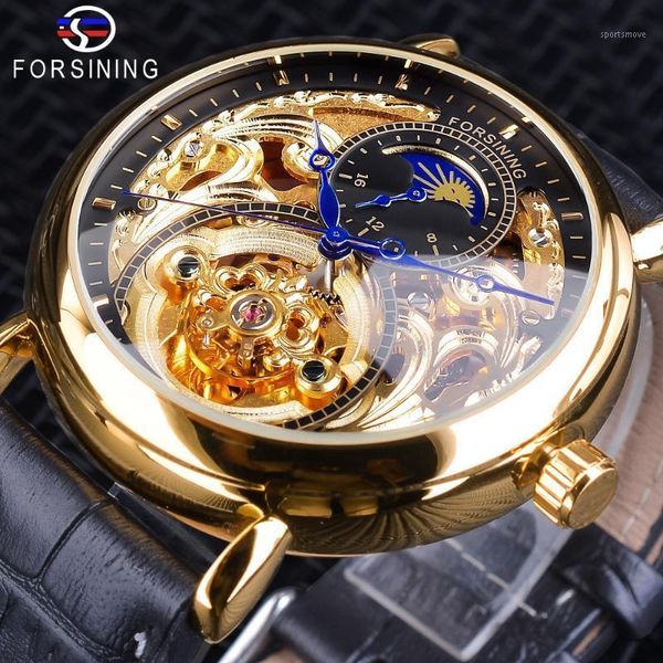 Forsining orologio scheletro dorato maschile fasi lunari moda lancette blu orologi automatici da uomo impermeabili Top1