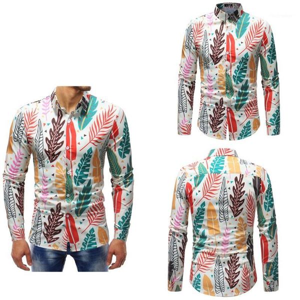 

fashion mens shirts plants leaf printed long sleeve collar slim fit casual shirt1, White;black