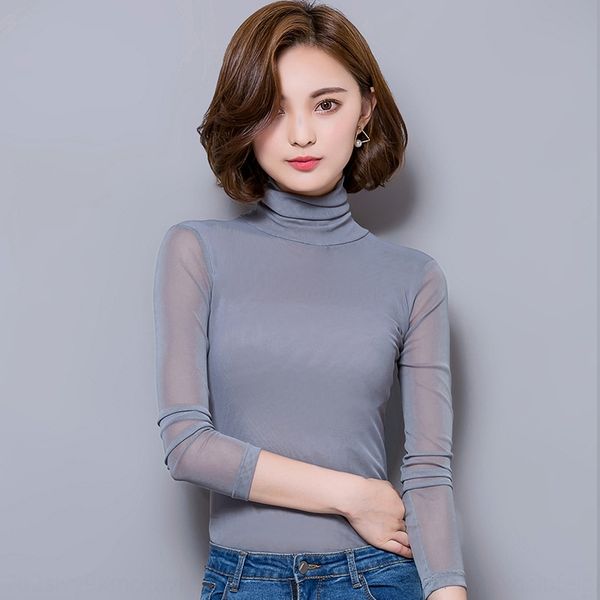 

autumn new slim fit and coat all-aroundsolid color fashion mesh bottom t-shirt for women long sleeve high neck t-shirt fashion pdi9x, White