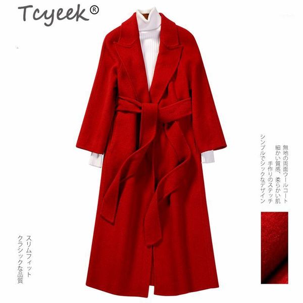 

tcyeek winter coat women clothes 2020 fashion 90% wool long jacket + belt ladies elegant autumn coat female casaco hiver ped83351, Black